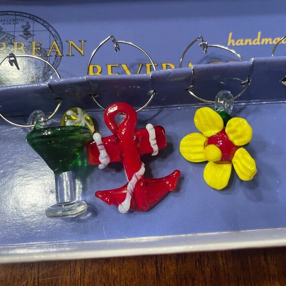 6 CARIBBEAN ISLAND CRUISE HANDMADE GLASS BEVERAGE WINE MARKERS BARWARE NAUTICAL! - Picture 3 of 6